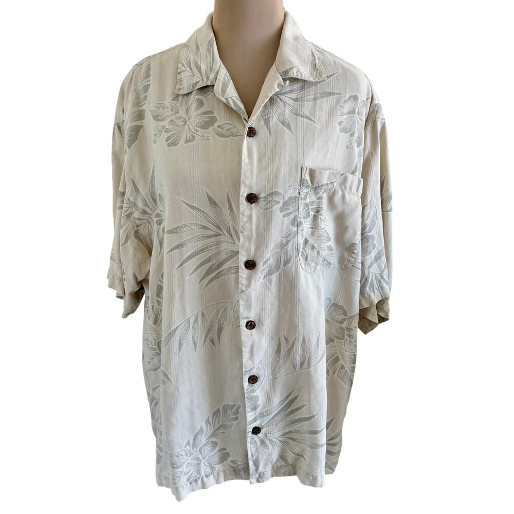 Tommy Bahama Mens 100% Silk Tropical Print Camp Shirt Coastal Beach Retro Ivory
